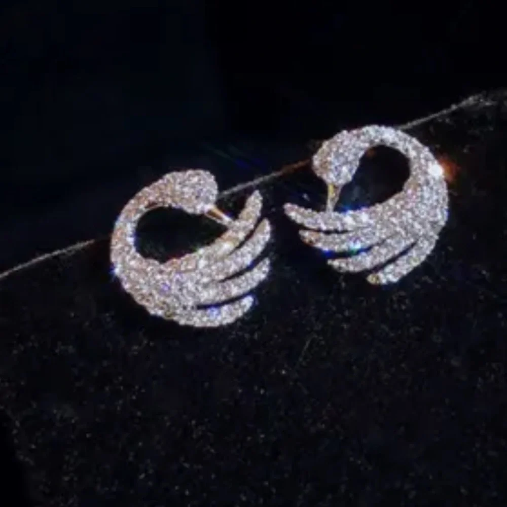 New Sterling Silver White Sapphire Swan Studs